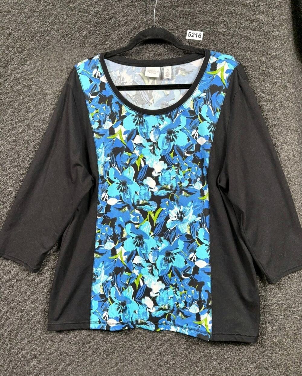 Weekends by Chico's Floral Top Women Size 3 US XL Black Blue 3/4 Sleeves Stretch